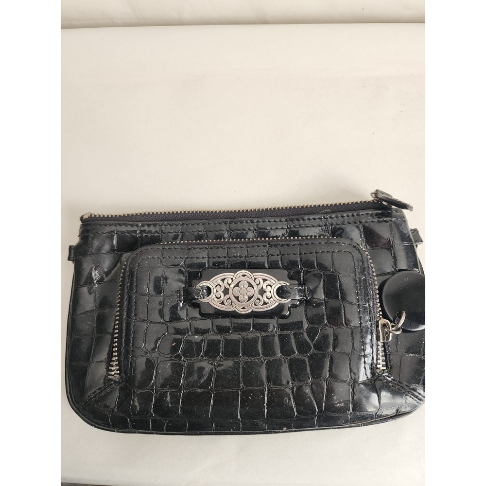Brighton Black Croc Embossed Patent Leather Zip Clutch Organizer Bag Silver Tone